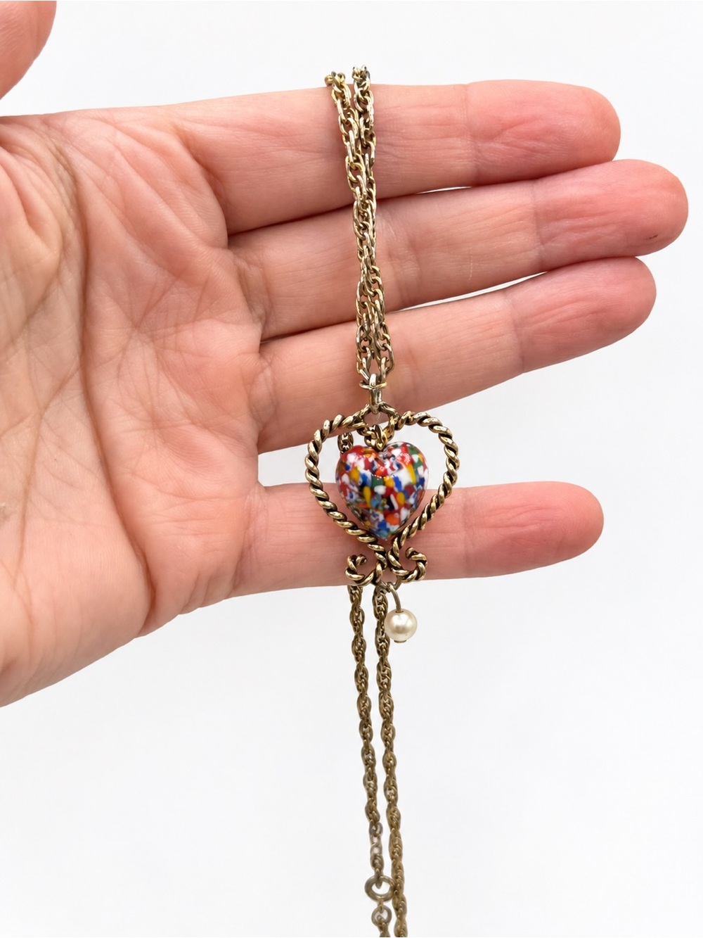 Sarah Coventry Multicolor Confetti Heart Pendant Necklace with Faux Pearl